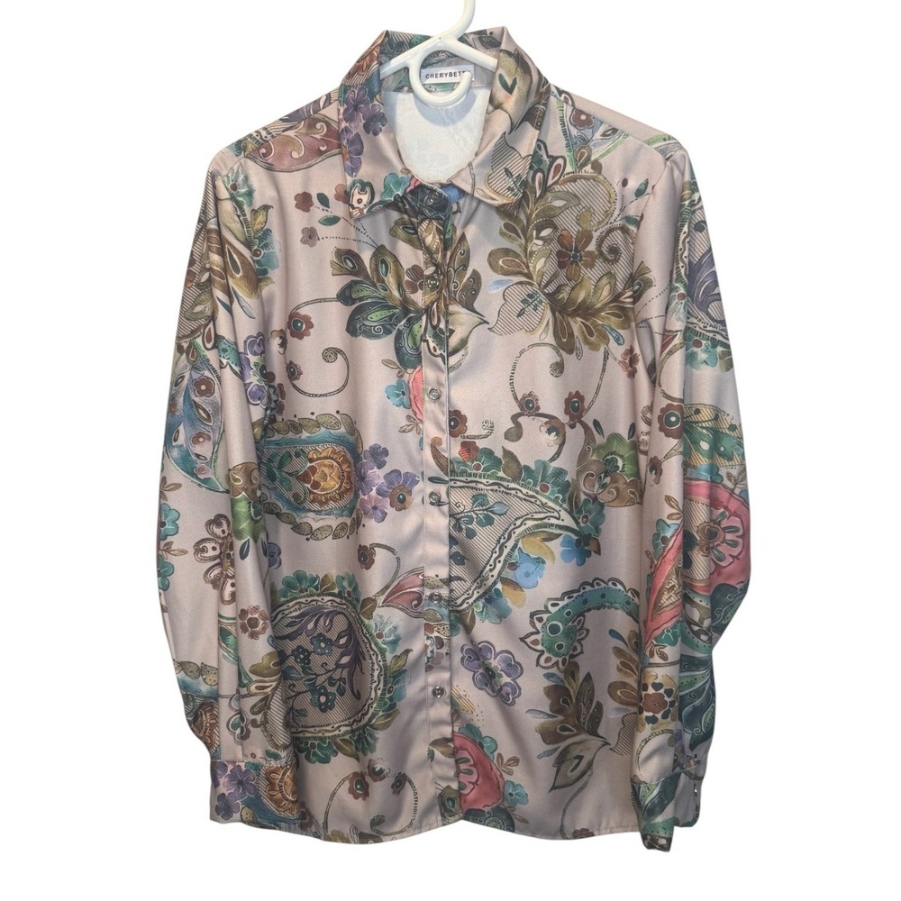 Cherry Betty Colorful Retro Paisley Floral Print Long Sleeve Button Front Top L